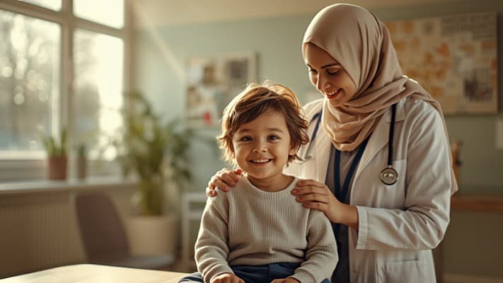 A paediatrician gently reassuring a smiling child patient, illustrative AI-generated imagery