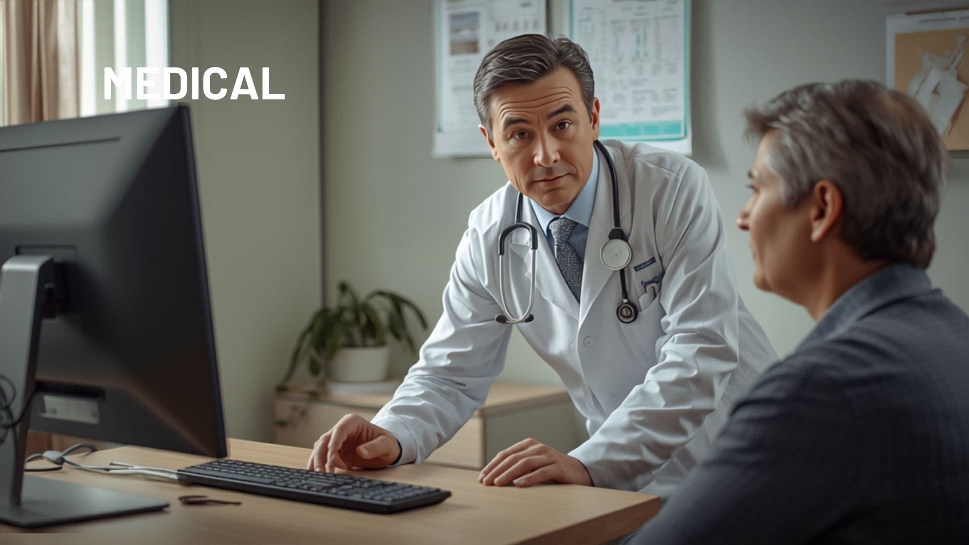 A GP consulting with a patient in a primary care clinic room, illustrative AI-generated imagery