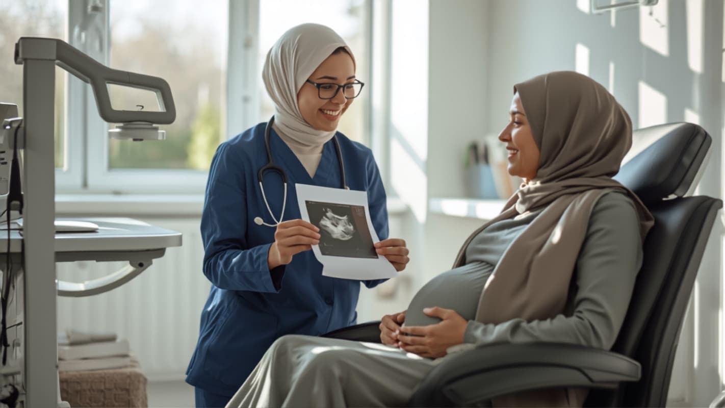 An obstetrician and gynaecologist in consultation with a patient, illustrative AI-generated imagery