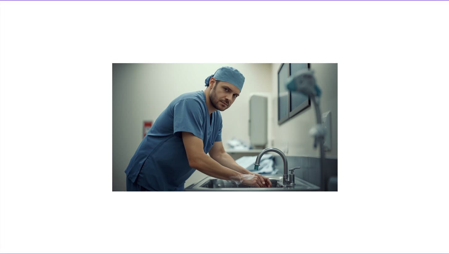 A surgeon reviewing a case in a hospital corridor, illustrative AI-generated imagery